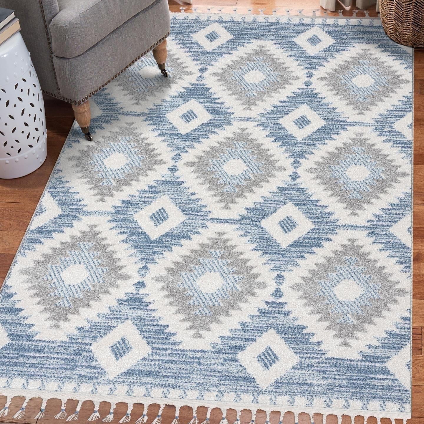 Blue and White Braided Geometric Diamond Area Rug