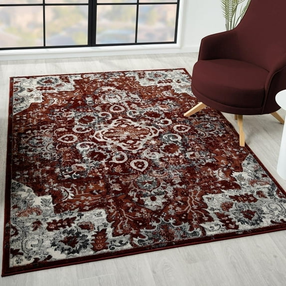 Luxe Weavers Moroccan Red 4x5 Medallion Area Rug, Floral Living Room Carpet