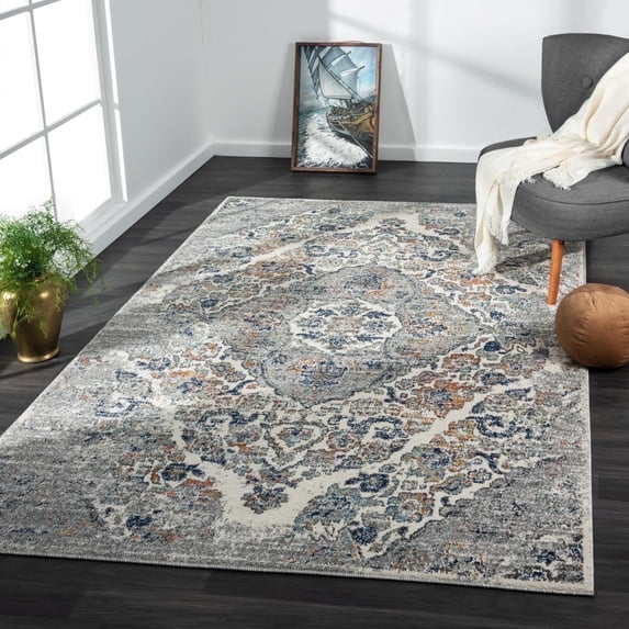Luxe Weavers Oriental Distressed Floral Steel 4x5 Area Rug, Indoor Carpet