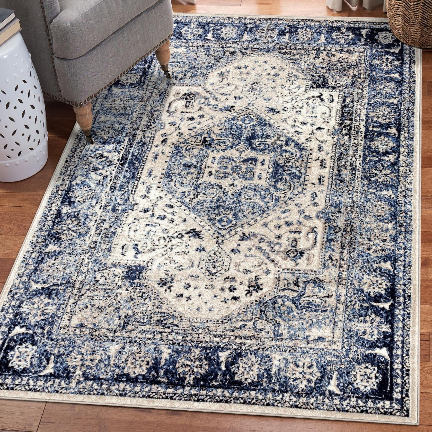 Luxe Weavers Oriental Distressed Ivory 5x7 Area Rug Blue Carpet ...