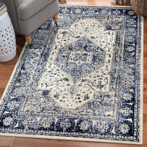 Luxe Weavers Oriental Distressed Ivory 5x7 Area Rug Blue Carpet