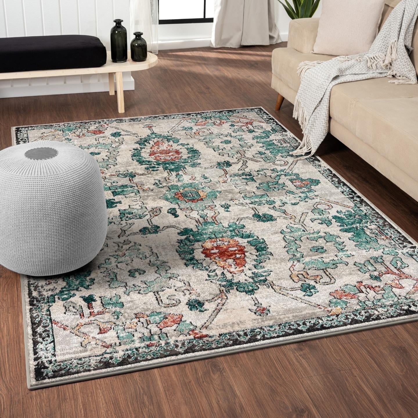 Green Floral Distressed 6' x 9' Synthetic Area Rug