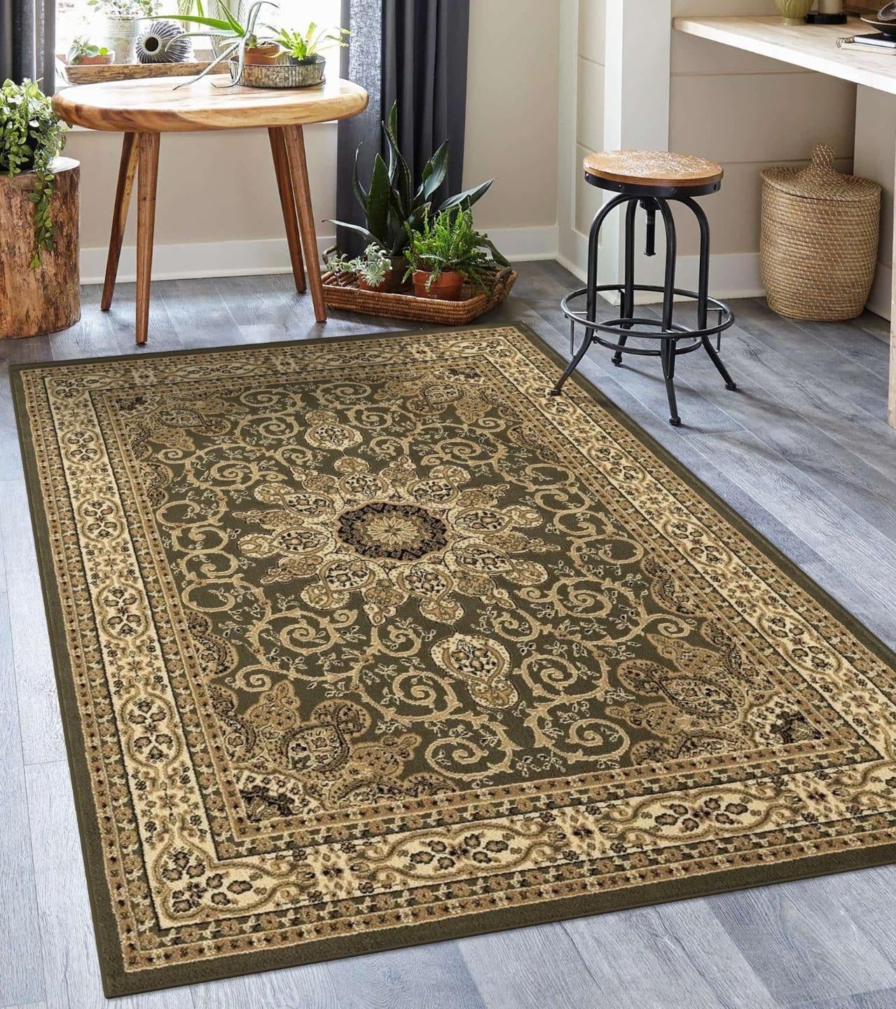 Green and Beige Floral Medallion 8' x 10' Synthetic Area Rug