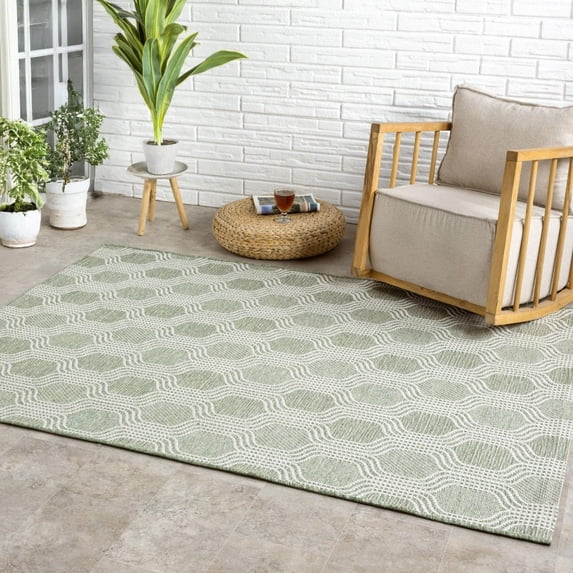 Luxe Weavers Outdoor Geometric Trellis Green 9x12 Area Rug, Low Pile Carpet