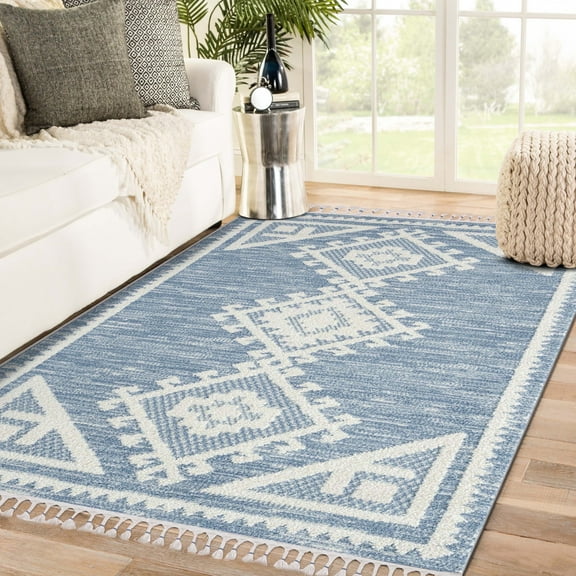 Luxe Weavers South Western Fringe Geometric Blue 8x10 Area Rug for Living Rooms