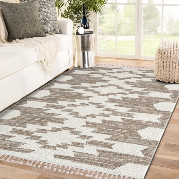 Luxe Weavers South Western Fringe Geometric Brown 8x10 Area Rug for Living Room