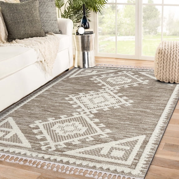 Luxe Weavers South Western Fringe Geometric Brown 8x10 Area Rug for Living Rooms