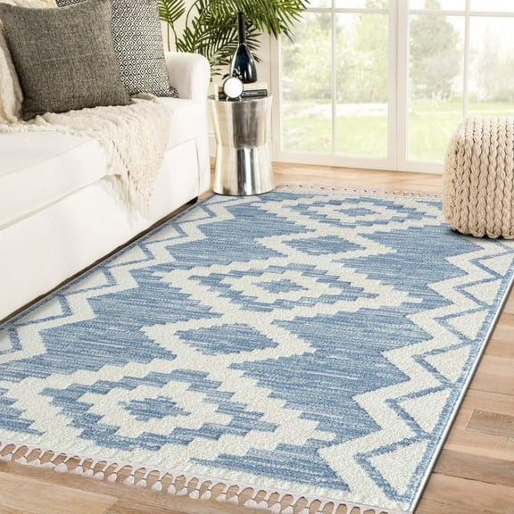 Luxe Weavers South Western Geometric Fringe Blue 8x10 Area Rug, Indoor Carpet