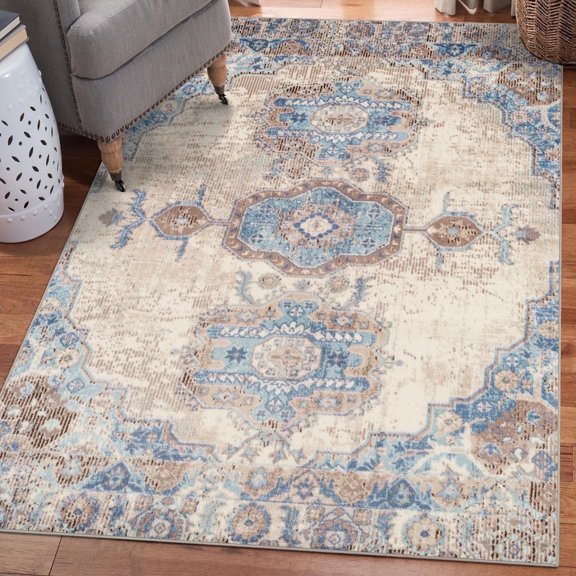 Luxe Weavers Southwestern Medallion Ivory 5x7 Area Rug Distressed Carpet