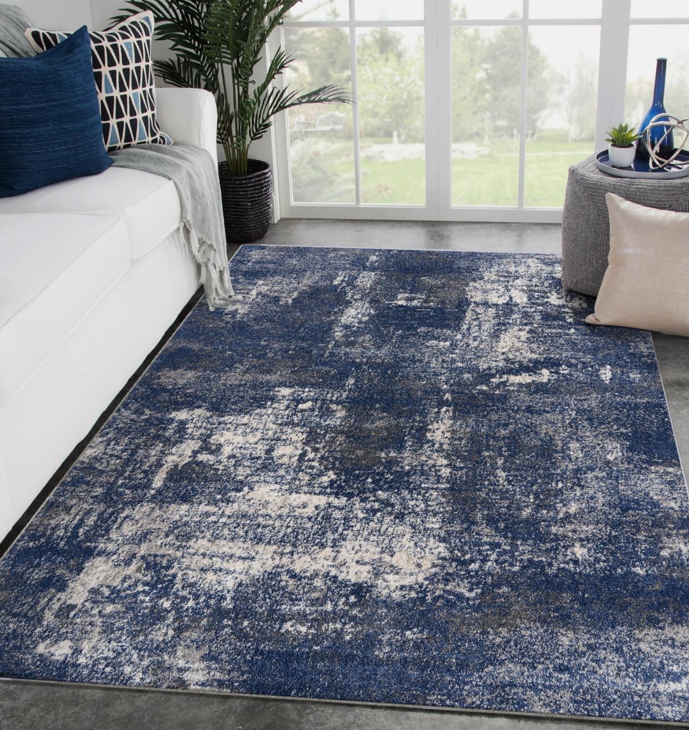 Blue and Beige Abstract 5' x 7' Synthetic Area Rug