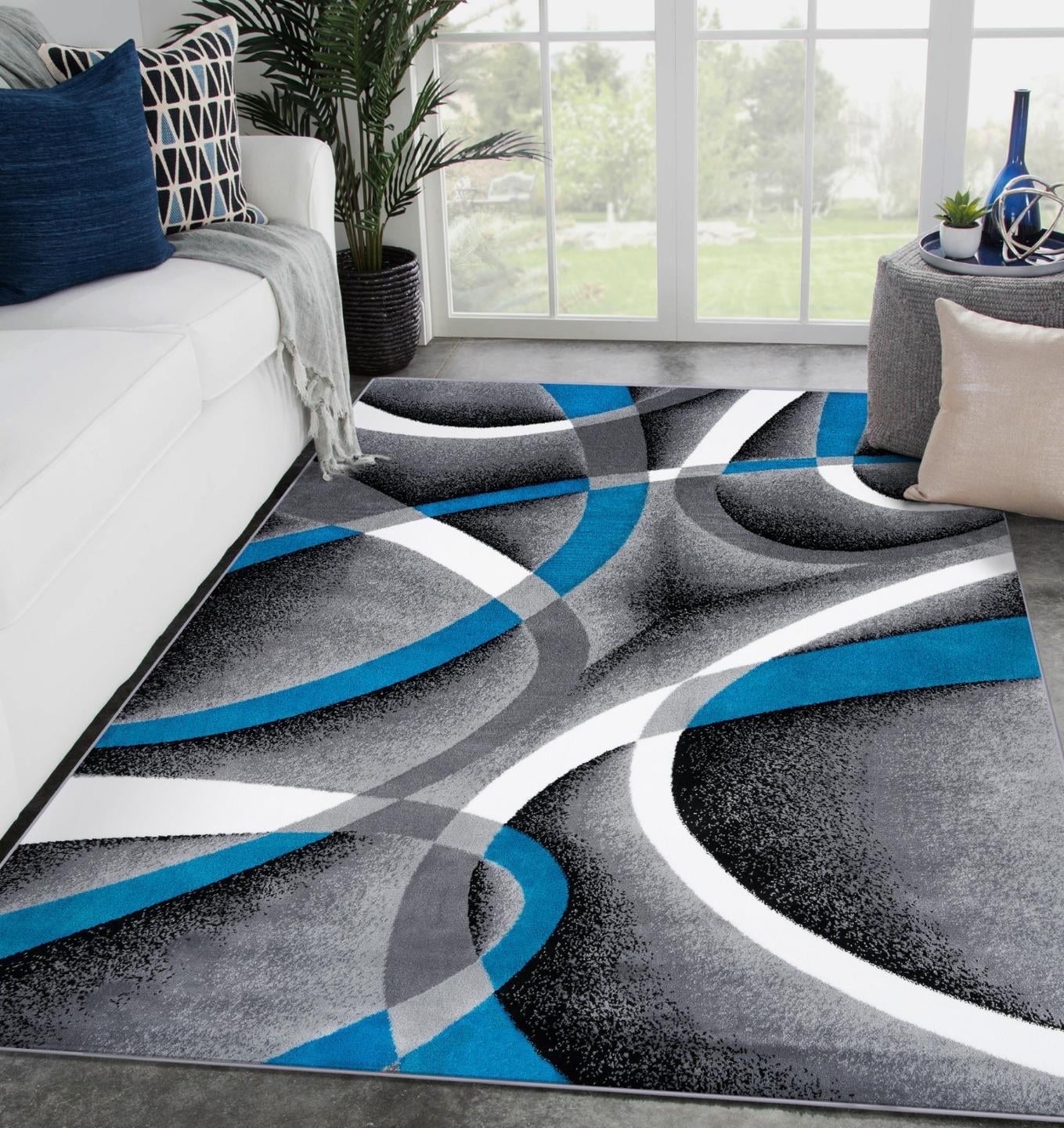 Turquoise and Gray Abstract High Pile Area Rug