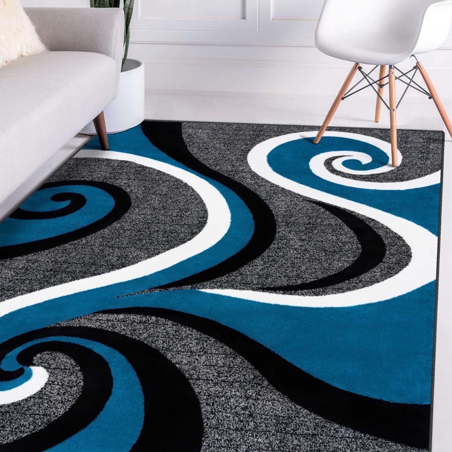 Abstract Turquoise Swirls Easy-Care Synthetic Area Rug 4' x 5'