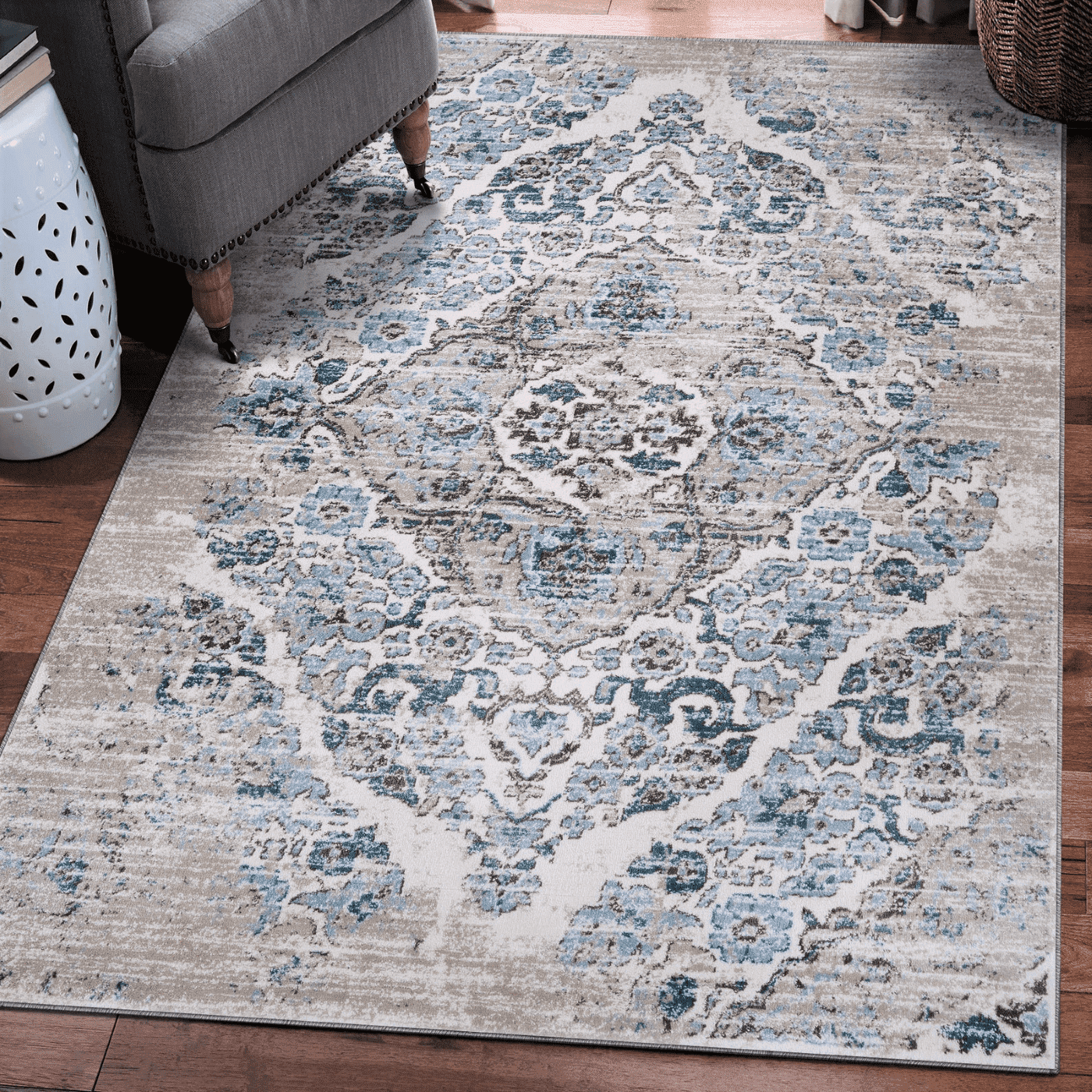 Cream and Blue 9' x 12' Synthetic Oriental Area Rug