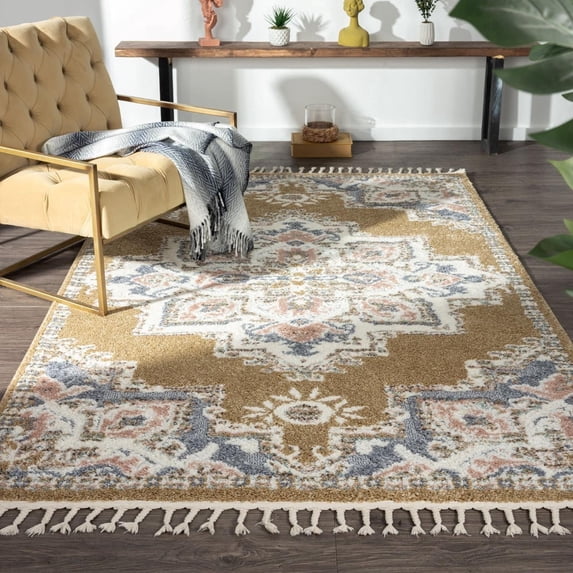Luxe Weavers Yellow 8x10 Size Southwestern Area Rug, Stain Resistant Fringe Carpet