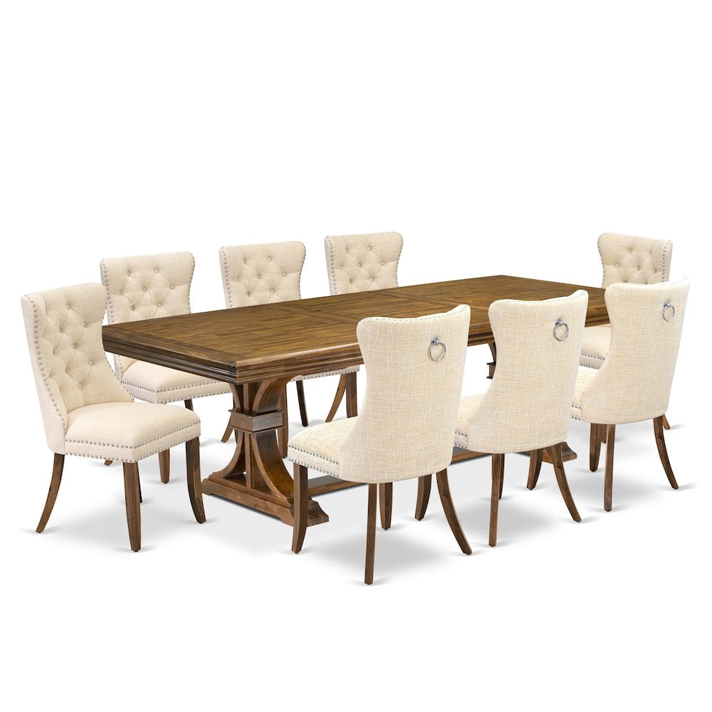 Antique Walnut Rectangular Dining Table with Light Beige Linen Upholstered Chairs