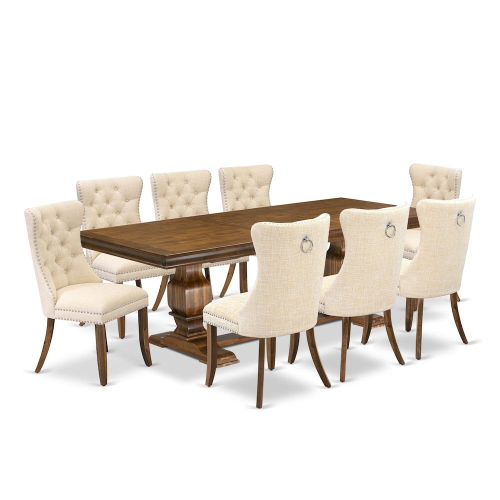 Antique Walnut Rectangular Dining Table with Light Beige Linen Upholstered Chairs