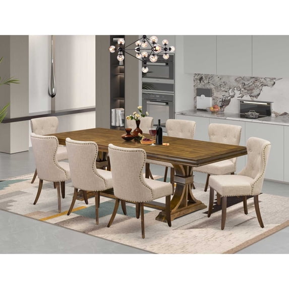 East West Furniture Laneville 9-Piece Dinner Table Set in Walnut Finish