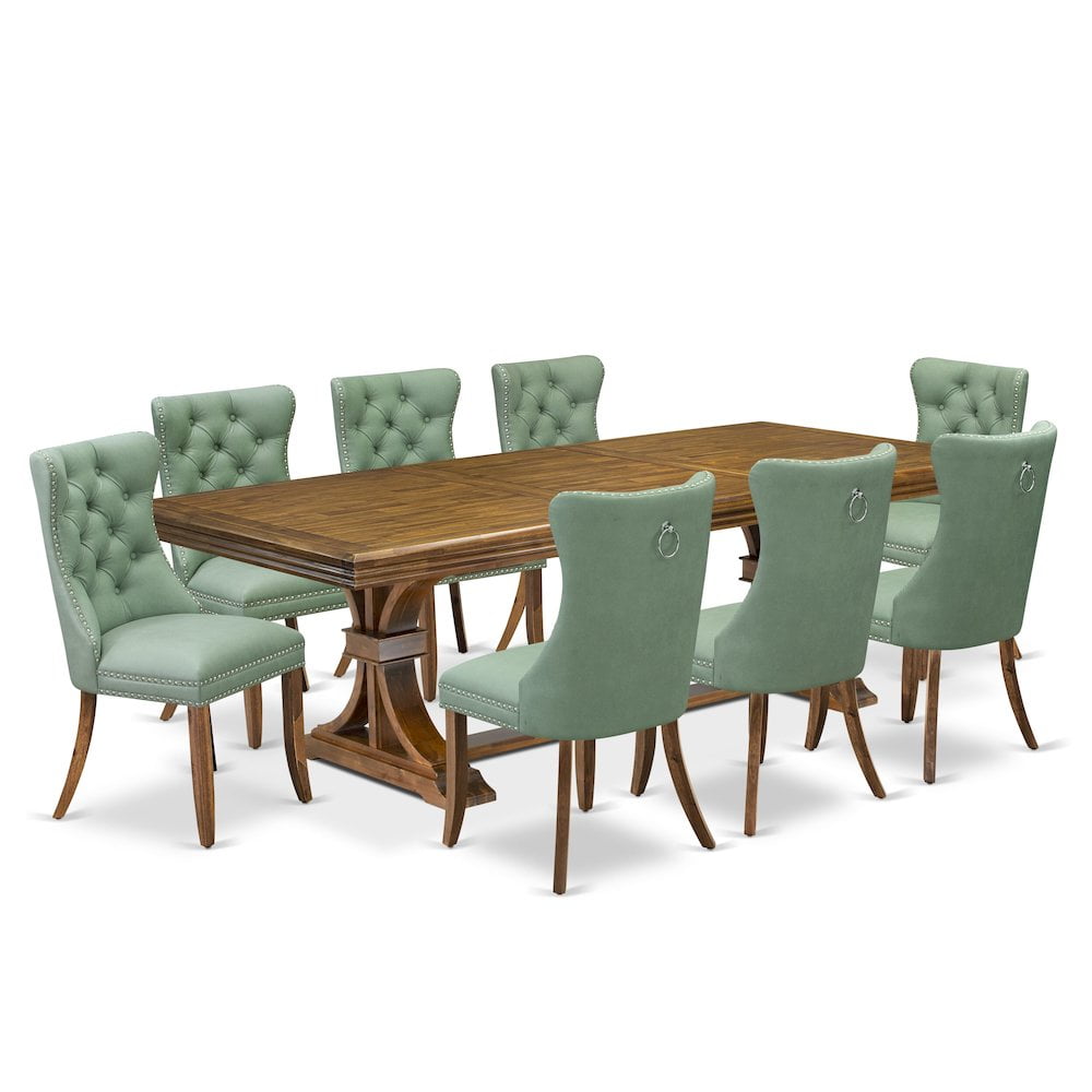 Antique Walnut Rectangular Dining Table Set with Willow Green Button-Tufted Chairs