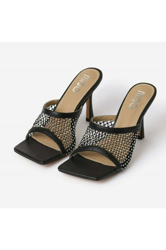 LuxeModa Koop Open Square Toe Slide Fishnet Balenc Stiletto Heeled Mule Black (BLACK, 6)