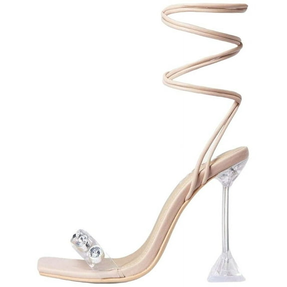 LuxeModa Reina Gem Detail Square Toe Lace Up Clear Perspex Pyramid Heel, NUDE (NUDE, 6)
