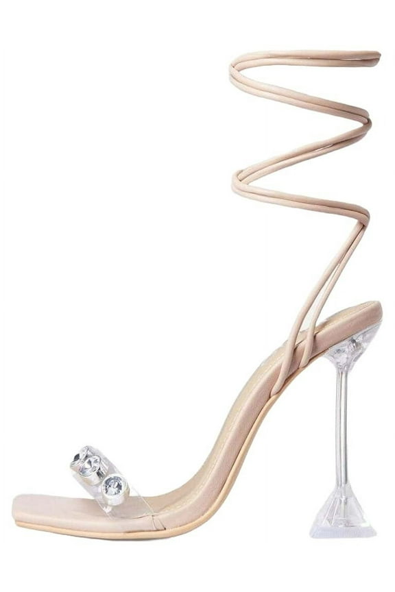 LuxeModa Reina Gem Detail Square Toe Lace Up Clear Perspex Pyramid Heel, NUDE (NUDE, 8.5)