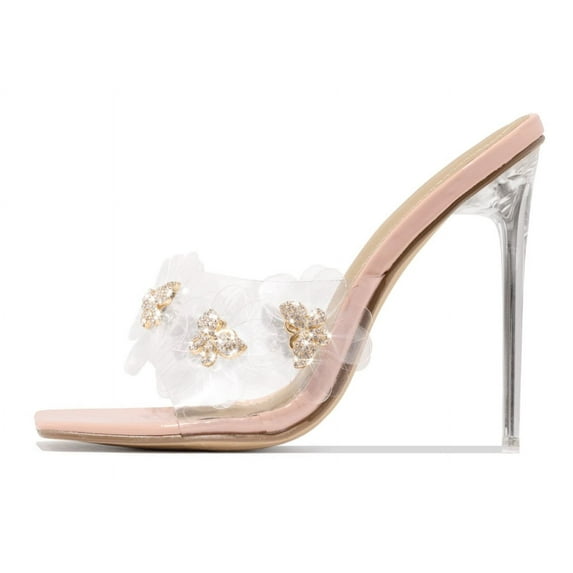 LuxeModa Secret Nude Diamond Butterfly Squared Open Toe Stiletto Heel Pump Mules (NUDE, 6.5)