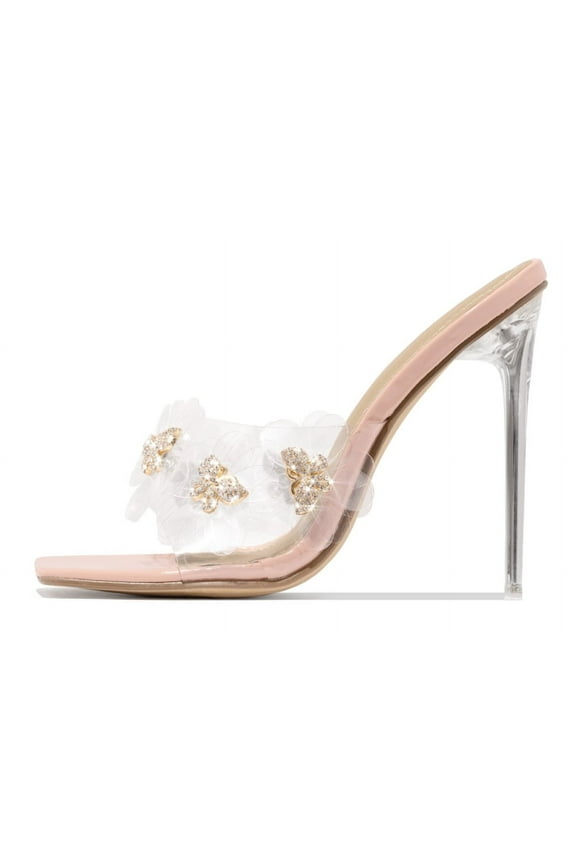 LuxeModa Secret Nude Diamond Butterfly Squared Open Toe Stiletto Heel Pump Mules (NUDE, 7.5)