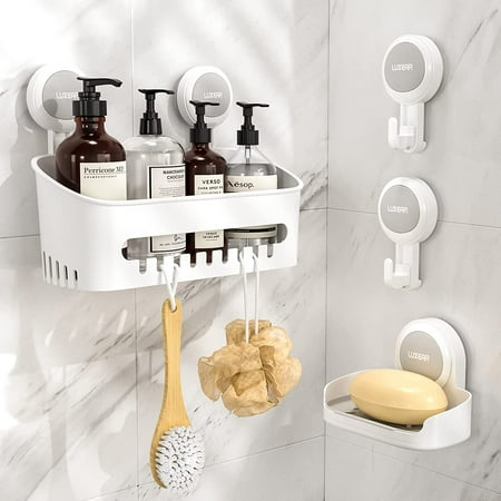 Luxear 4 Packs Shower Caddy Suction Cup Set - Shower Shelf+Soap Dish+Suction Hooks - NO-Drilling Removable Powerful Waterproof DIY Shower Organizer for Shower Bathroom Kitchen
