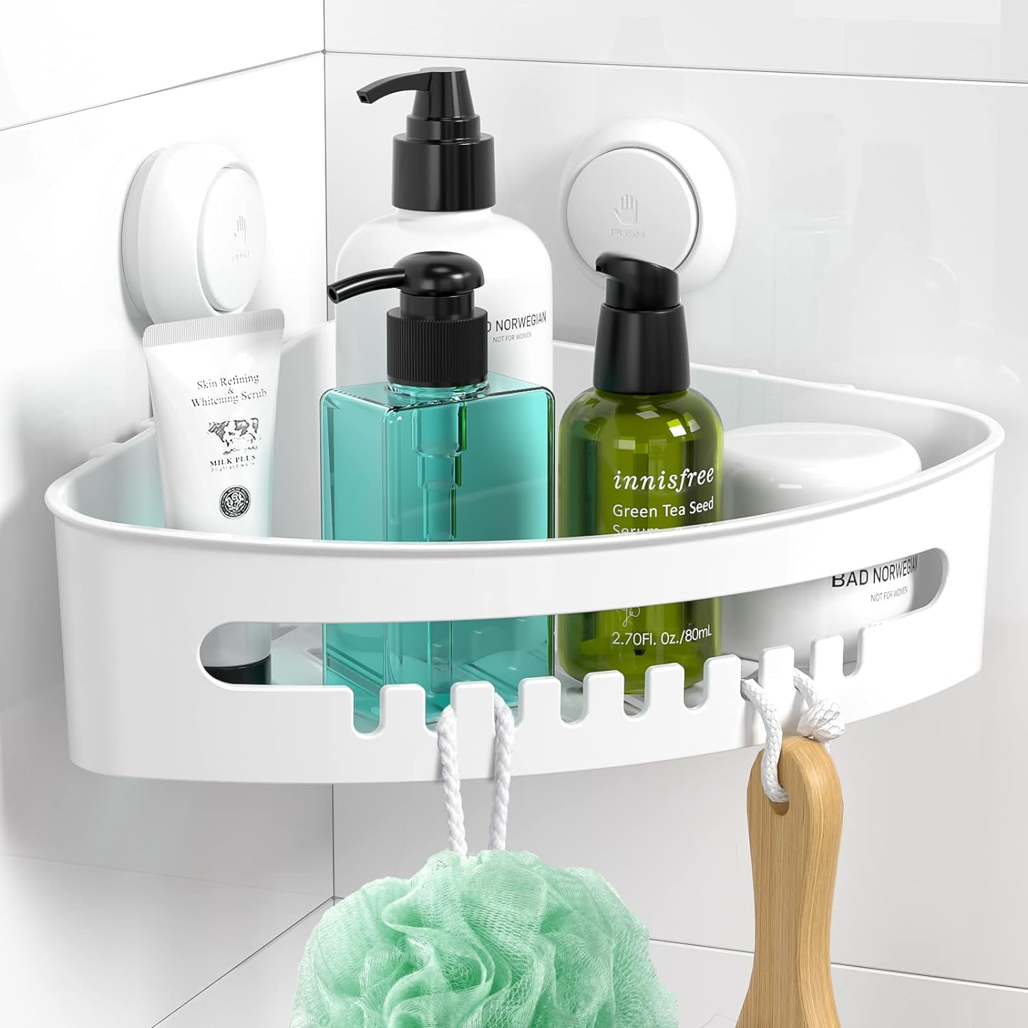 Luxear Corner Shower Caddy Vacuum Suction Cup Shower Organizer No-Drilling Removable Shower Shelf with Hooks Wall Mounted Corner Shower Storage Basket