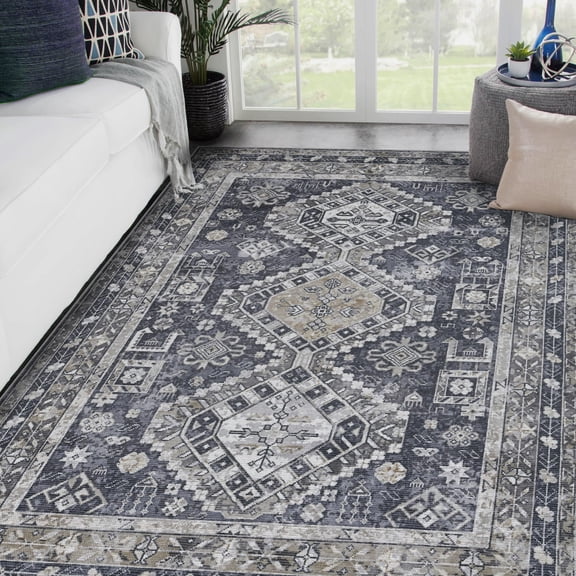 Luxee Designs Alaska Collection 23 ft Turkish Boho Geometric Area Rug Bordered, Chenille Cotton, High-Traffic, Pet-Friendly, Stain Resistance - Gray Mustard