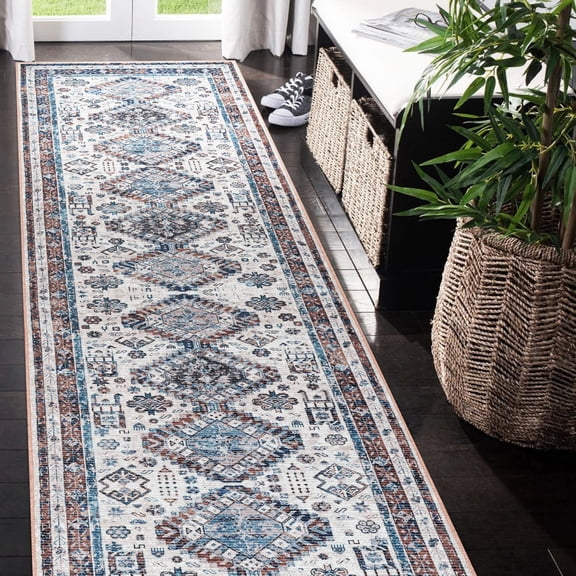 Luxee Designs Alaska Collection 310 ft Turkish Boho Geometric Runner Rug Bordered, Chenille Cotton, High-Traffic, Pet-Friendly, Stain Resistance - Beige Terra, Light Blue
