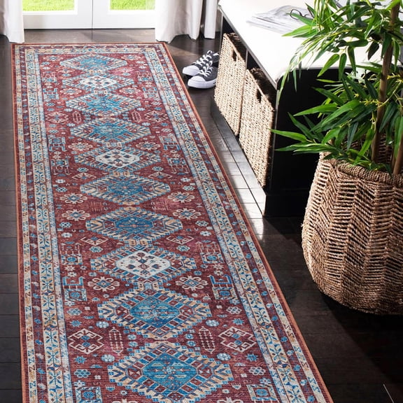 Luxee Designs Alaska Collection  310 ft  Turkish Boho Geometric Runner Rug  Bordered, Chenille Cotton, High-Traffic, Pet-Friendly, Stain Resistance - Red Terra, Blue