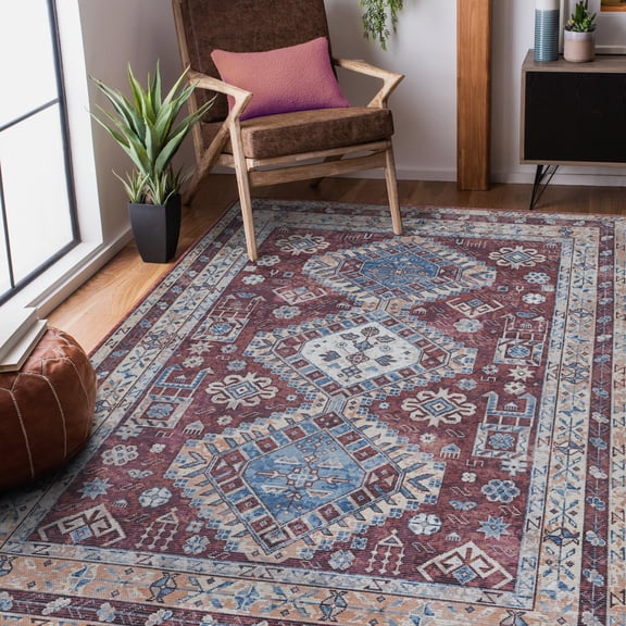 Luxee Designs Alaska Collection 58 ft Turkish Boho Geometric Area Rug Bordered, Chenille Cotton, High-Traffic, Pet-Friendly, Stain Resistance - Red Terra, Blue