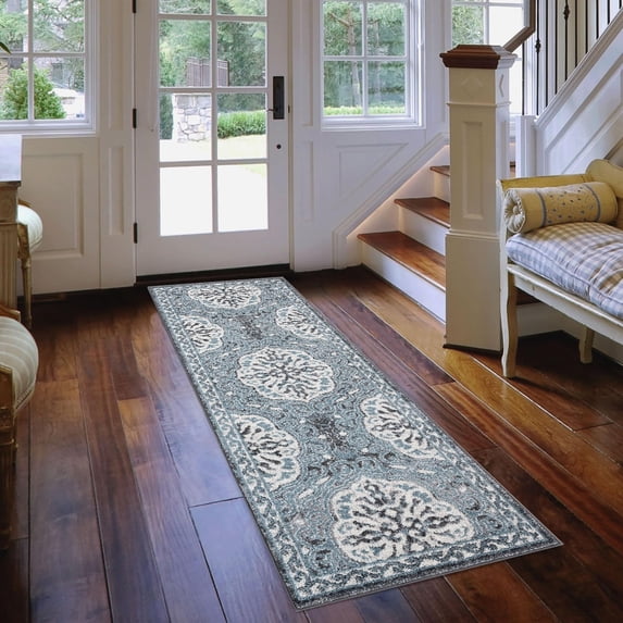Luxee Designs Alexandria Bordered Pattern 2X6 Runner Rug for Entryway Indoor Boho Rugs - Blue