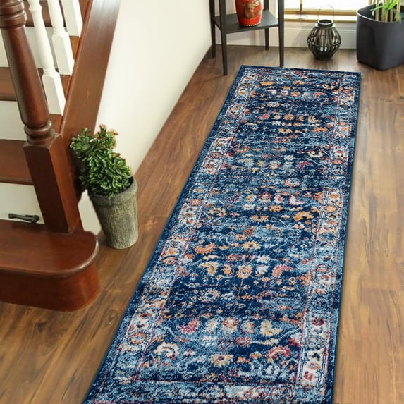 Luxee Designs Alexandria Bordered Pattern 3x11 Runner Rug for Entryway Indoor Boho Rugs - Navy