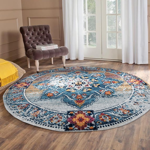 Luxee Designs Alexandria Bordered Pattern 7x7 Round Area Rug for Living Room Indoor Boho Rugs - Gray/Gold