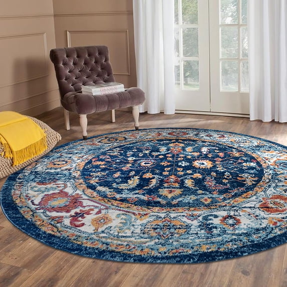 Luxee Designs Alexandria Bordered Pattern 7x7 Round Area Rug for Living Room Indoor Boho Rugs - Navy