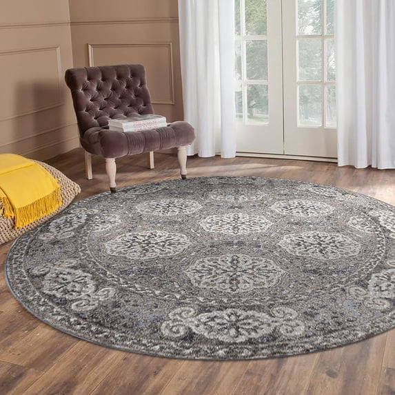 Luxee Designs Alexandria Bordered Pattern 7x7 Round Area Rug for Living Room Indoor Boho Rugs - Walnut