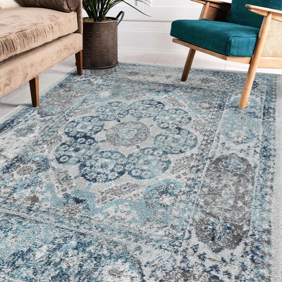 Luxee Designs Alexandria Bordered Pattern 9x12 Area Rug for Living Room Indoor Boho Rugs - Gray/Sea Blue