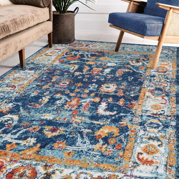 Luxee Designs Alexandria Bordered Pattern 9x12 Area Rug for Living Room Indoor Boho Rugs - Navy