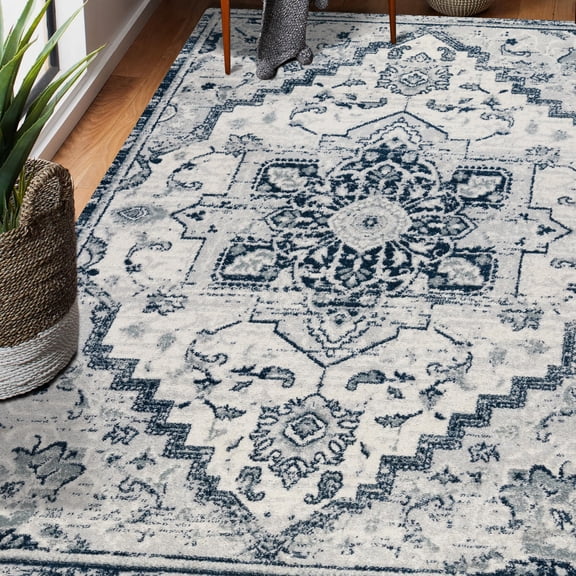 Luxee Designs Alexandria Collection 2x3 Area Rug, Medallion Rugs for Doorstep, Hallway, Entryway, Kitchen, Office, Pet Friendly, Low Pile, High Traffic Area, Stain Resistance - Deep Blue