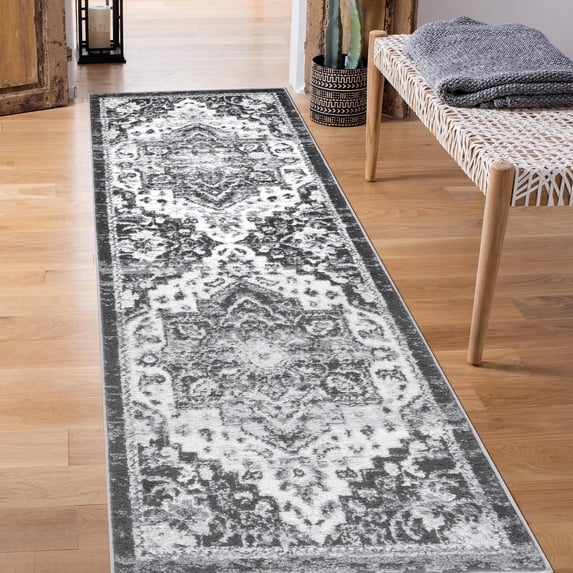 Luxee Designs Alexandria Collection 2x6 Runner Rug, Medallion Rugs for Laundry Room, Entryway, Bathroom, Kitchen, Pet Friendly, Low Pile, High Traffic Area, Stain Resistance - Ivory/Gray