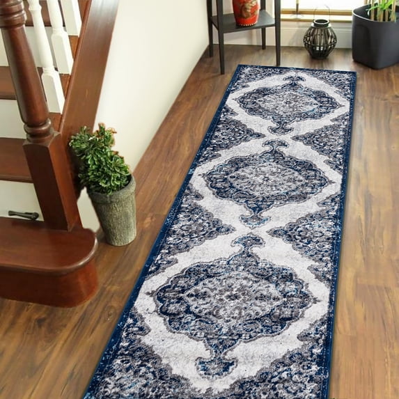 Luxee Designs Alexandria Collection 3x10 Runner Rug, Medallion Rugs for Laundry Room, Entryway, Bathroom, Kitchen, Pet Friendly, Low Pile, High Traffic Area, Stain Resistance - Ivory/Navy