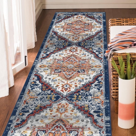 Luxee Designs Alexandria Collection 3x10 Runner Rug, Medallion Rugs for Laundry Room, Entryway, Bathroom, Kitchen, Pet Friendly, Low Pile, High Traffic Area, Stain Resistance - Gray/Red