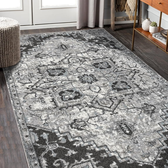 Luxee Designs Alexandria Collection – 4x6 ft – Medallion Area Rug – Bordered, High-Traffic, Pet-Friendly, Stain Resistance – Ivory Gray