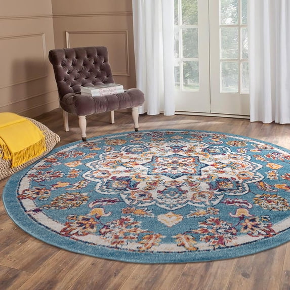 Luxee Designs Alexandria Collection 7x7 Round Area Rug, Medallion Rugs for Living Room, Bedroom, Kitchen, Office, Pet Friendly, Low Pile, High Traffic Area, Stain Resistance - Sea Blue