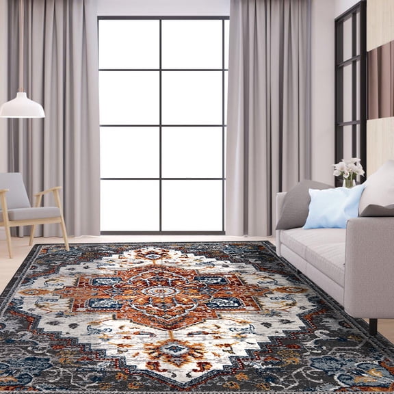 Luxee Designs Alexandria Collection  77 ft  Square Boho Vintage Medallion Area Rug  Bordered, High-Traffic, Pet-Friendly, Stain Resistance  Gray Multi