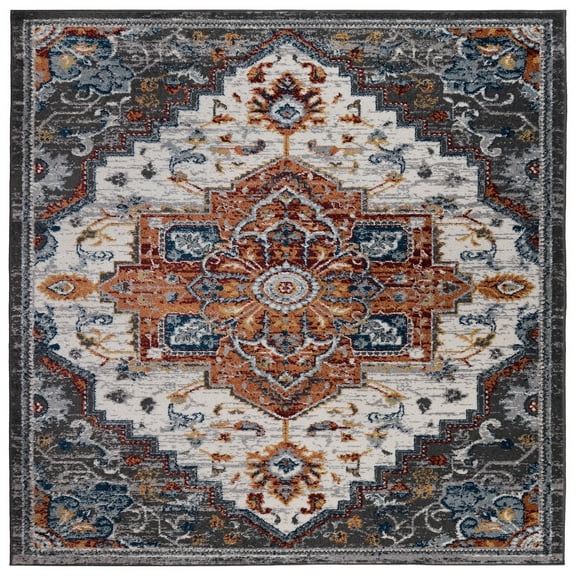 Luxee Designs Alexandria Collection 7x7 Square Medallion Area Rug, Low Pile Living Room, Bedroom, Stain Resistant Polypropylene Rug for High Traffic Gray Red