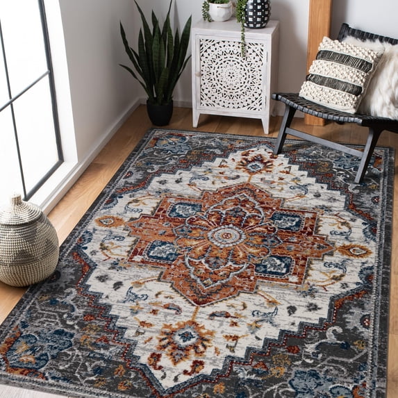 Luxee Designs Alexandria Collection 9x12 Area Rug, Medallion Rugs for Living Room, Bedroom, Kitchen, Office, Pet Friendly, Low Pile, High Traffic Area, Stain Resistance - Gray/Red
