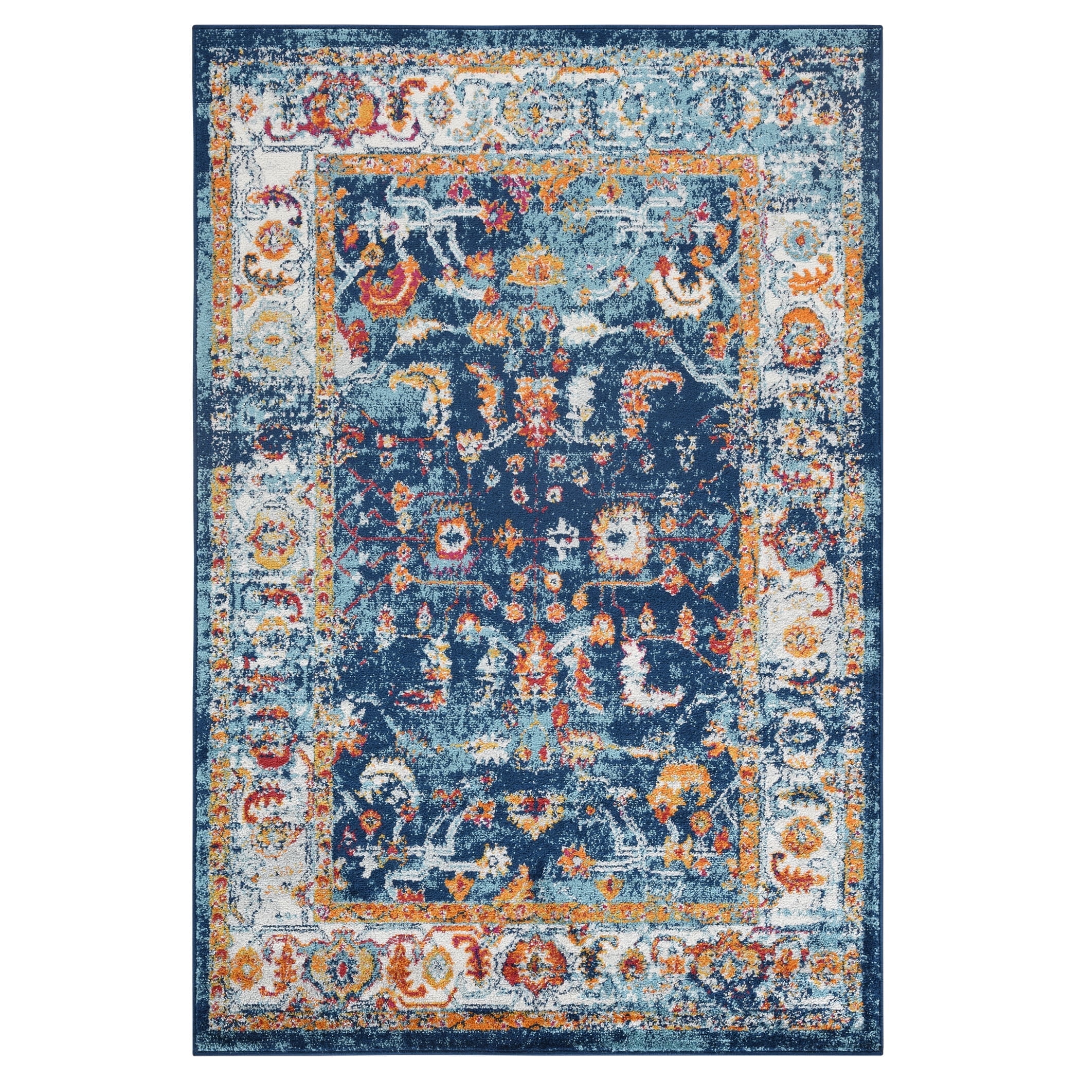 Alexandria Navy and Orange Synthetic Oriental 4x6 Area Rug